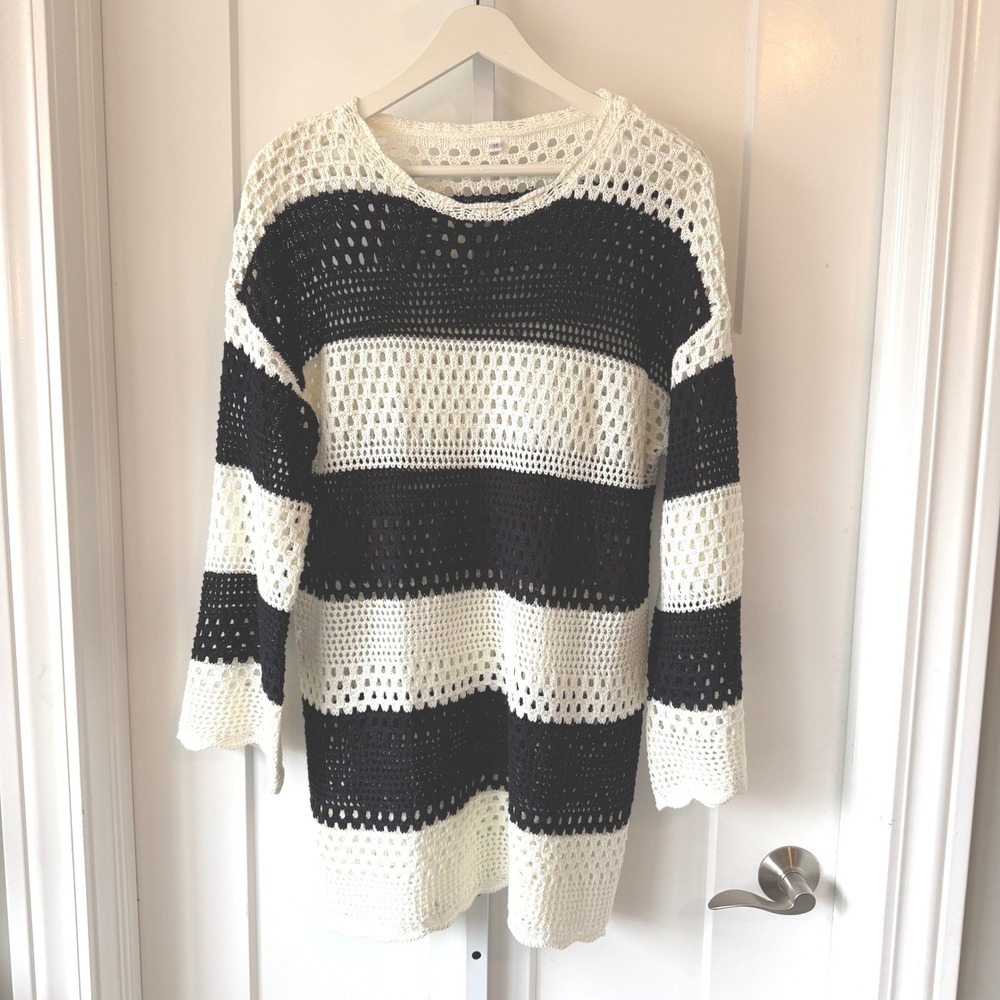 Black and White Striped Crochet Open Knit Sweater Cover Up Long Sleeve Size M